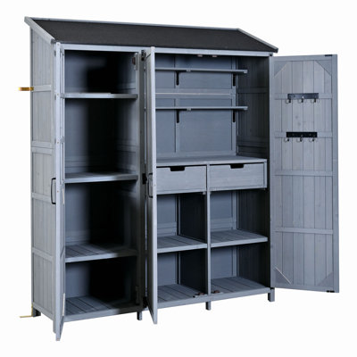 Abri de jardin/terrasse de grande taille (154 x 49 x 182 cm) avec toit étanche, armoire de rangement à 3 portes avec espace de travail, 7 étagères, 2 tiroirs et 6 crochets pour jardin.