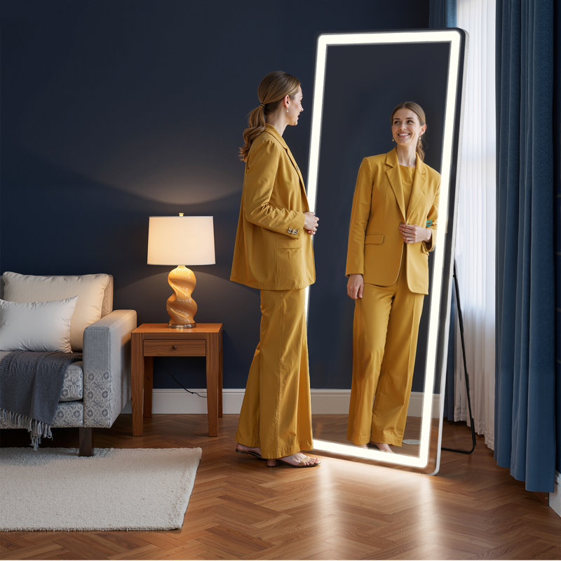 Mirror Full Length Standing Mirror With LED Lights, Lighted Floor Mirror With Stand And Dimming, 71" x 26"