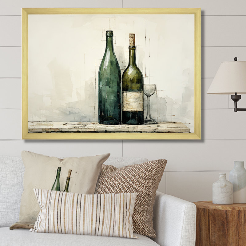 «Green Minimalist Wine Bottles Silhouette I», art mural vin, H 12 po x l 20 po x P 1 po, Cadre flottant brun