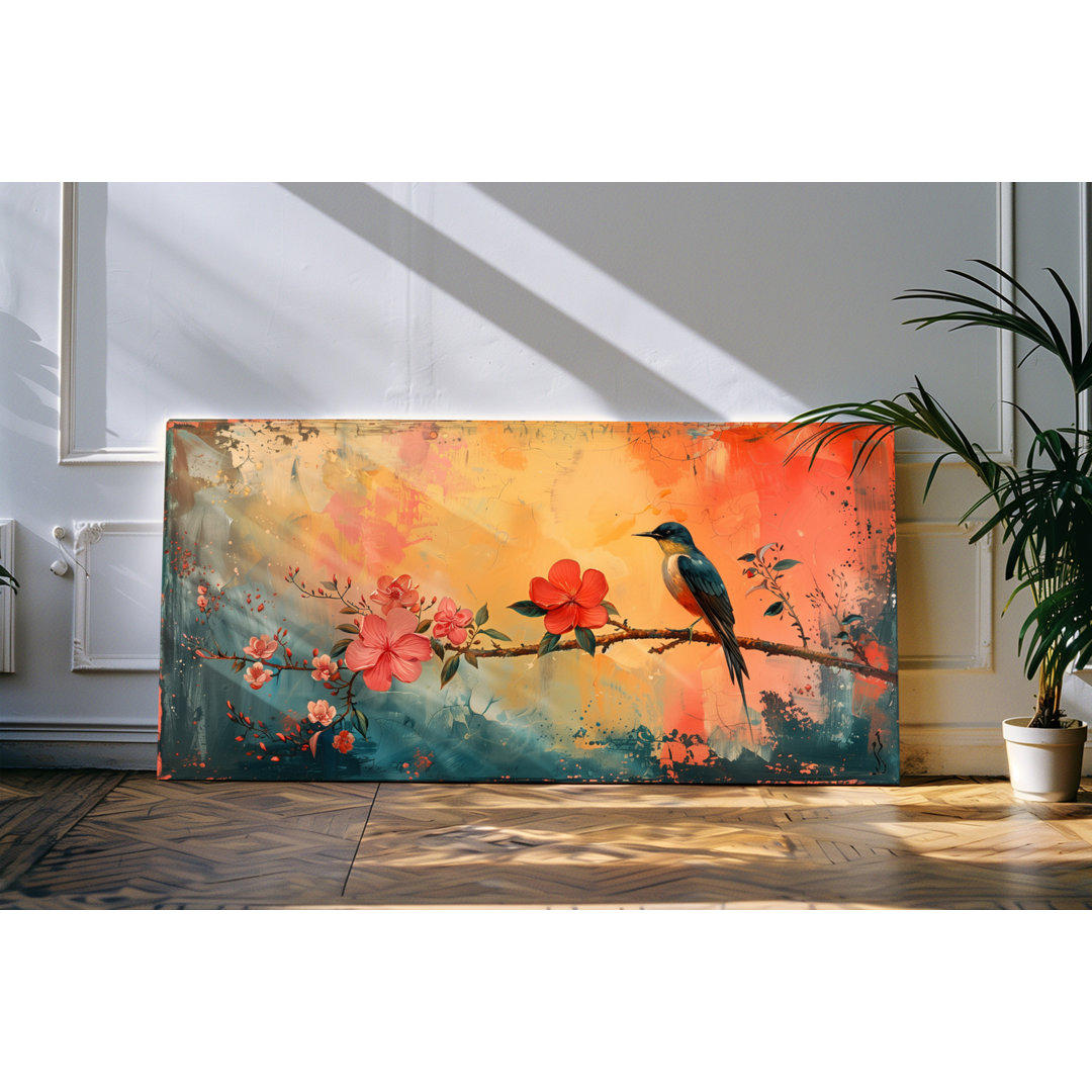 Wandbild 120x60cm Rote Blumen Blüten Baumblüten kleiner Vogel Ast