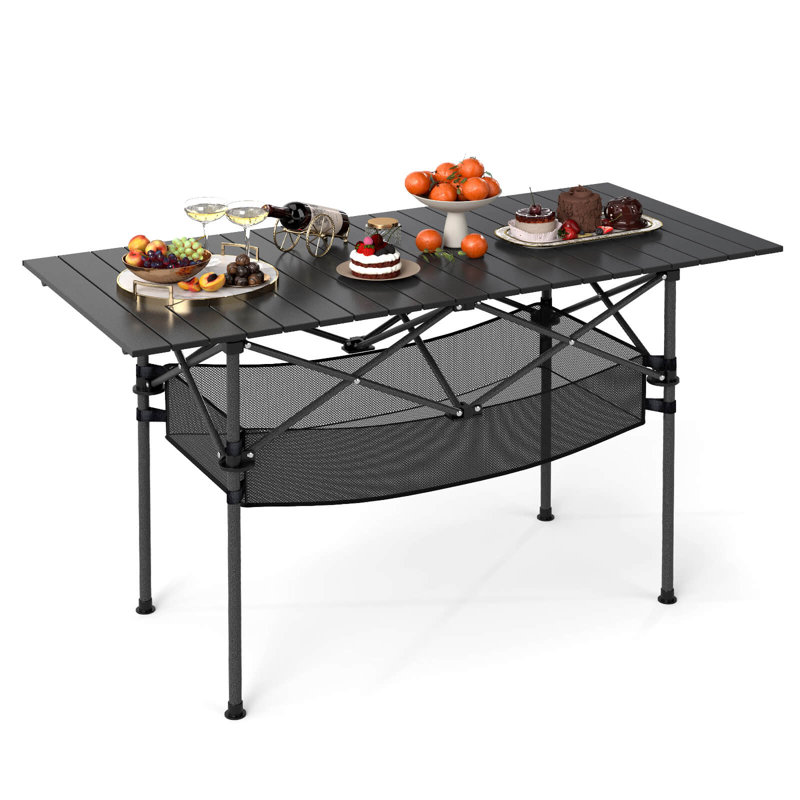 Table de camping pliante pour patio avec plateau en aluminium et panier en filet argenté, Plateau noir / base noire
