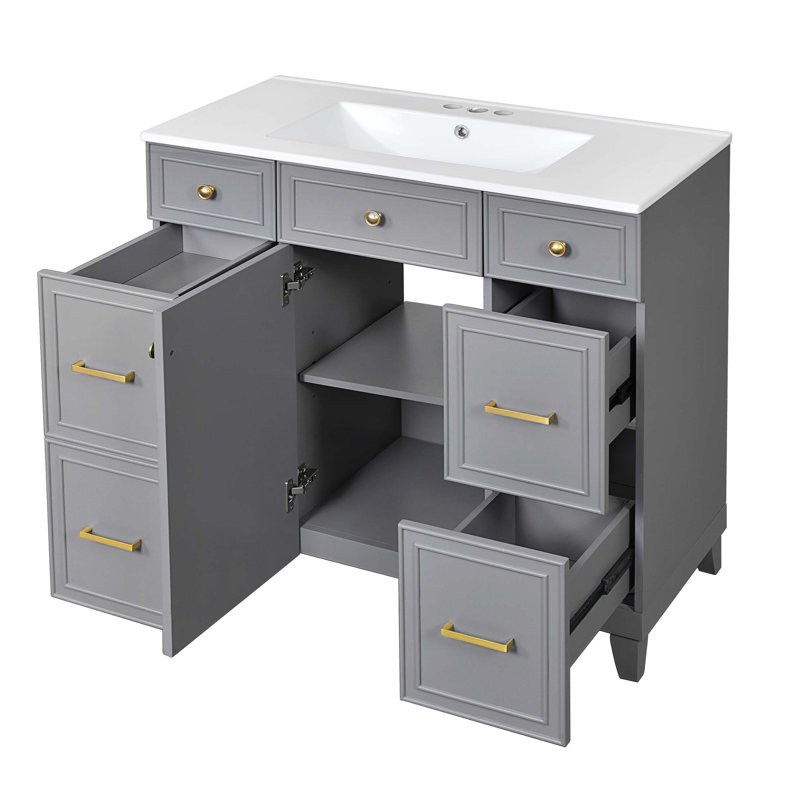 Meuble-lavabo 36 po avec lavabo en céramique, structure en bois massif, portes à fermeture en douceur, tablettes réglables, 3 tiroirs, y compris un tiroir à double profondeur pour le rangement du sèche-cheveux