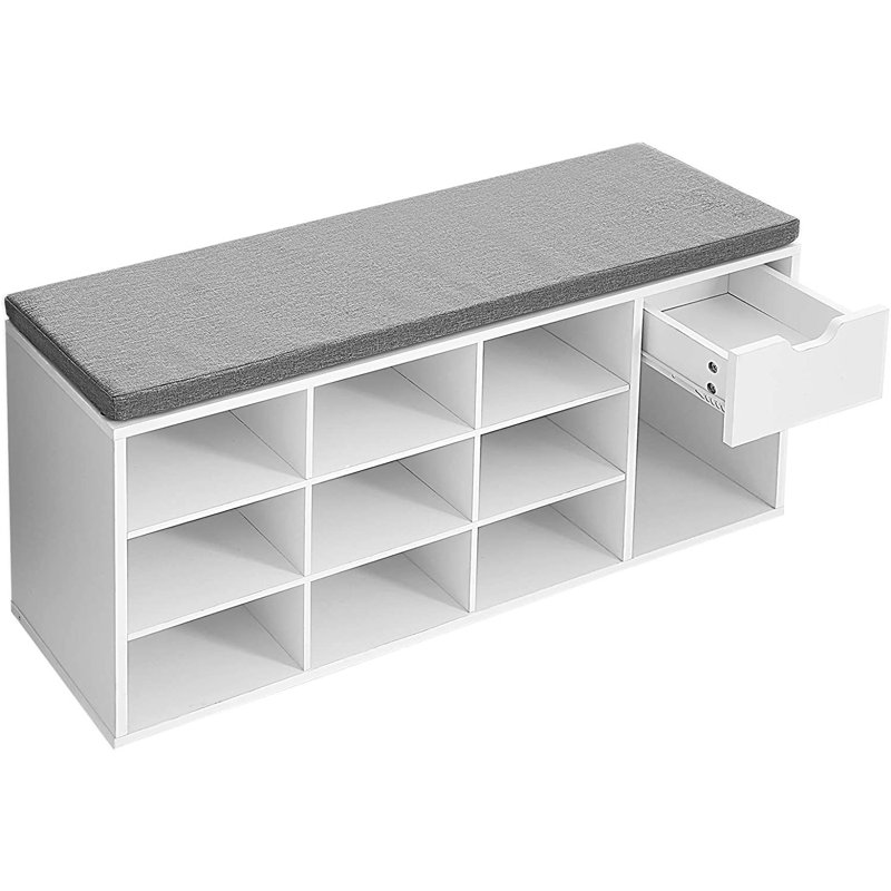 10 Pair Shoe Storage Bench With Drawer, White/Gray