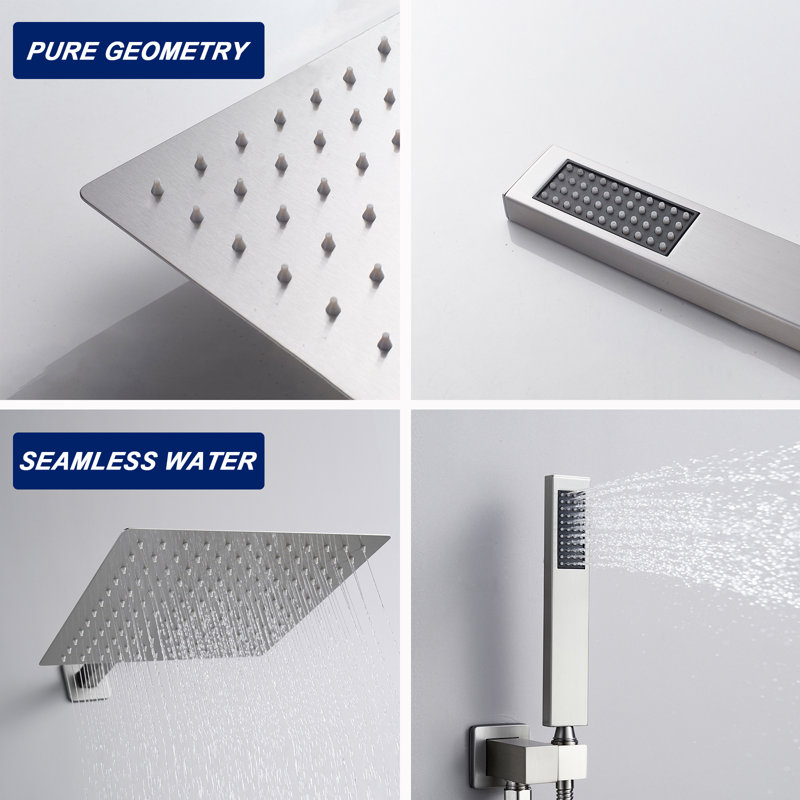Rain Square Single Handle 1-Spray Shower Faucet 1.8 GPM With High Pressure 12 In. Shower Heads System , Brushed Nickel