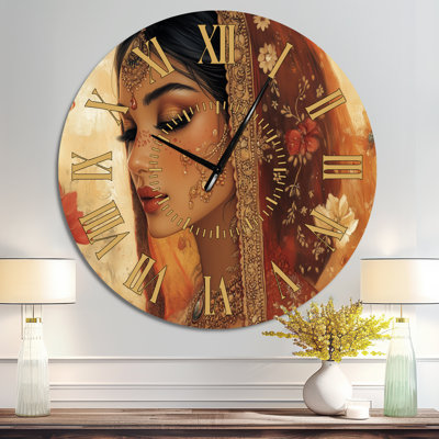 Bride in Henna and Gold - Bohemian Round Metal Wall Clock