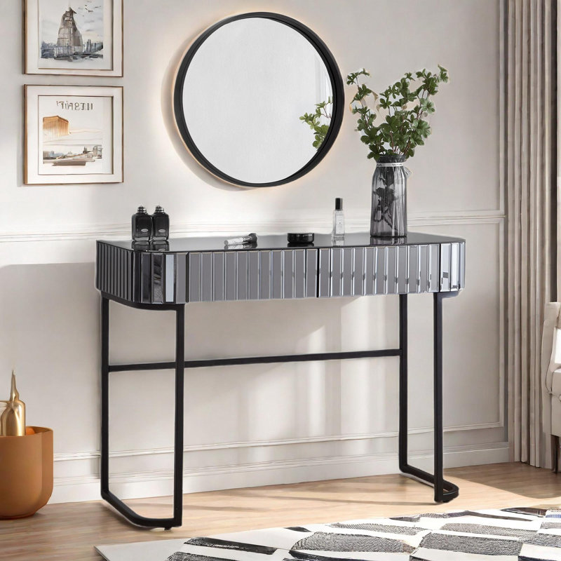 Makeup Vanity Table With Stainless Steel Base, 2 Drawers And Mirrored Glass Tabletop, Gray/Black