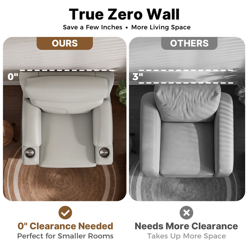 Fauteuil inclinable électrique en cuir véritable à paroi zéro avec appui-tête réglable, ports de charge USB et Type-C, Grey