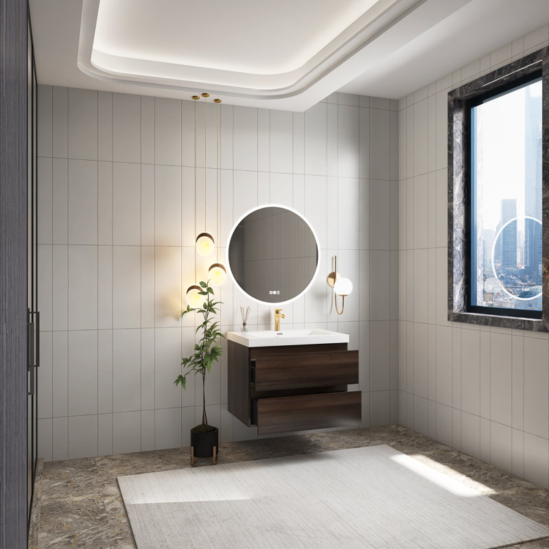 Derrald 36'' Single Sink Wall Mounted Bathroom Vanity with Resin Top, Gray Oak