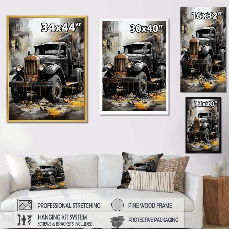 " Old Black Garbage Truck ", Gold Single Picture Framed, 20" H x 12" W x 1" D