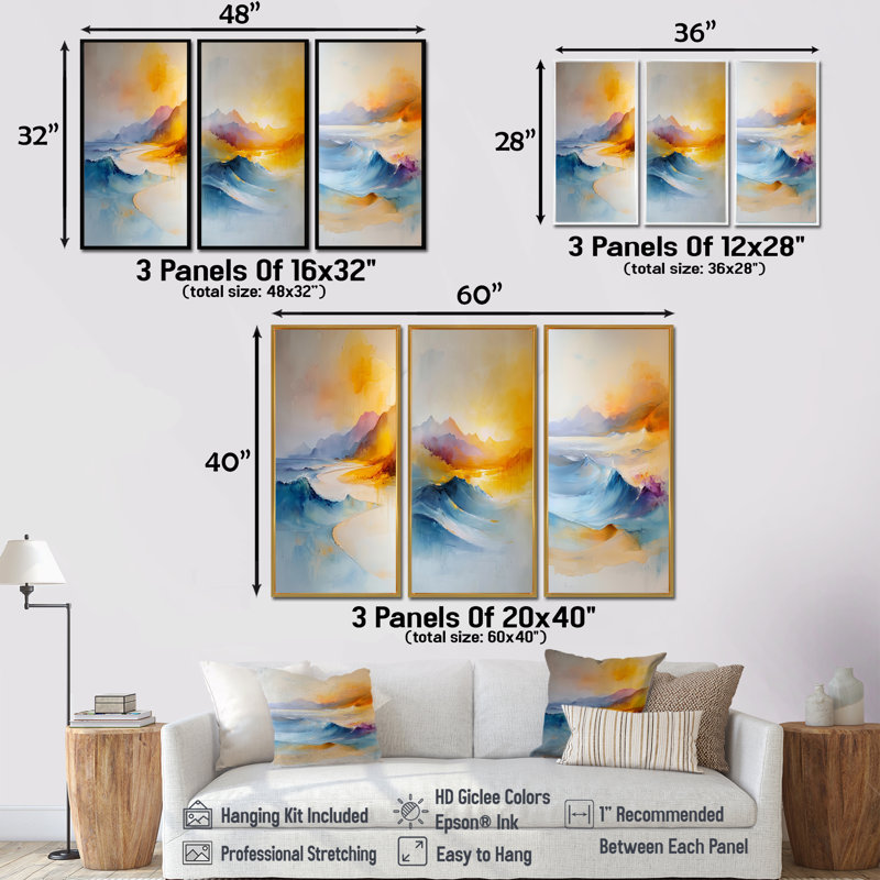 «Oceanic Waves On Minimalisme Coastal Scenery I - Desert», reproduction d'art sur toile 3 pièces, H 28 po x l 36 po