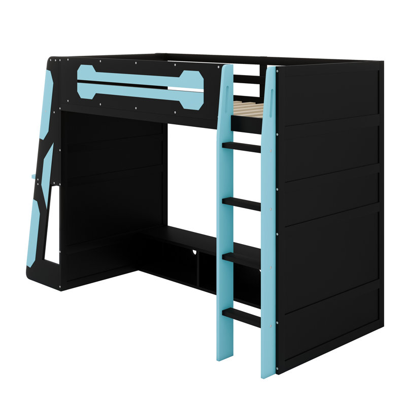 Lit mezzanine avec bureau intégré, tablettes de rangement multifonctionnelles et éclairage RVB, Bleu
