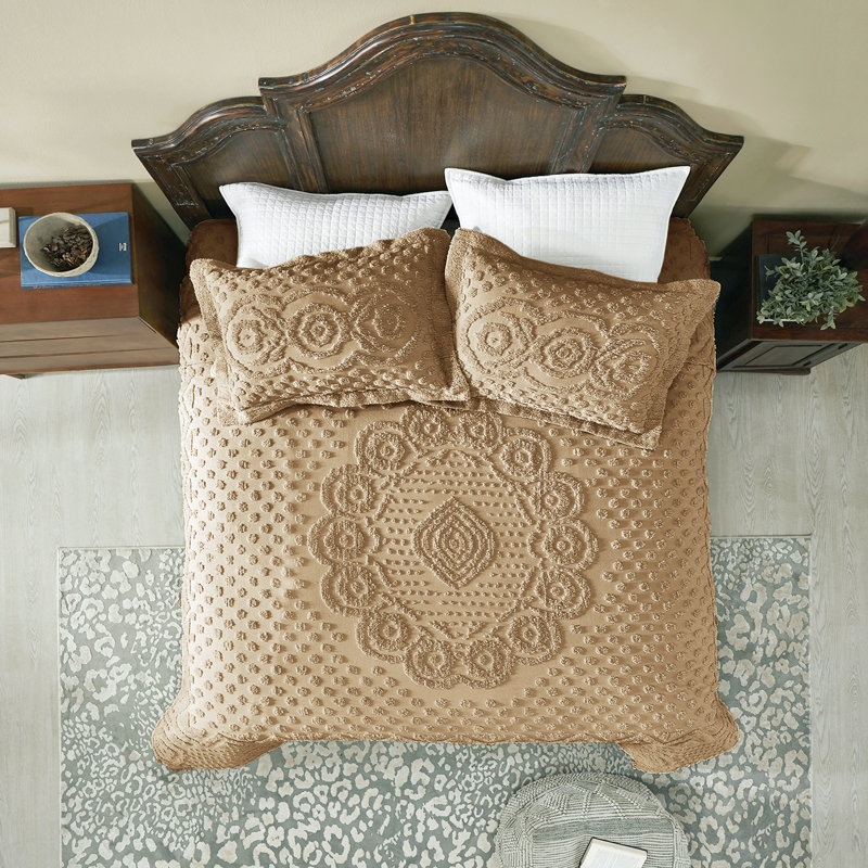 Ensemble de couvre-lit très grand en chenille 100% coton Heirloom Collection, couvre-lit à médaillon traditionnel avec taies décoratives assorties, certifié OEKO-TEX, doux, respirant, lavable à la machine, toutes saisons, brun clair