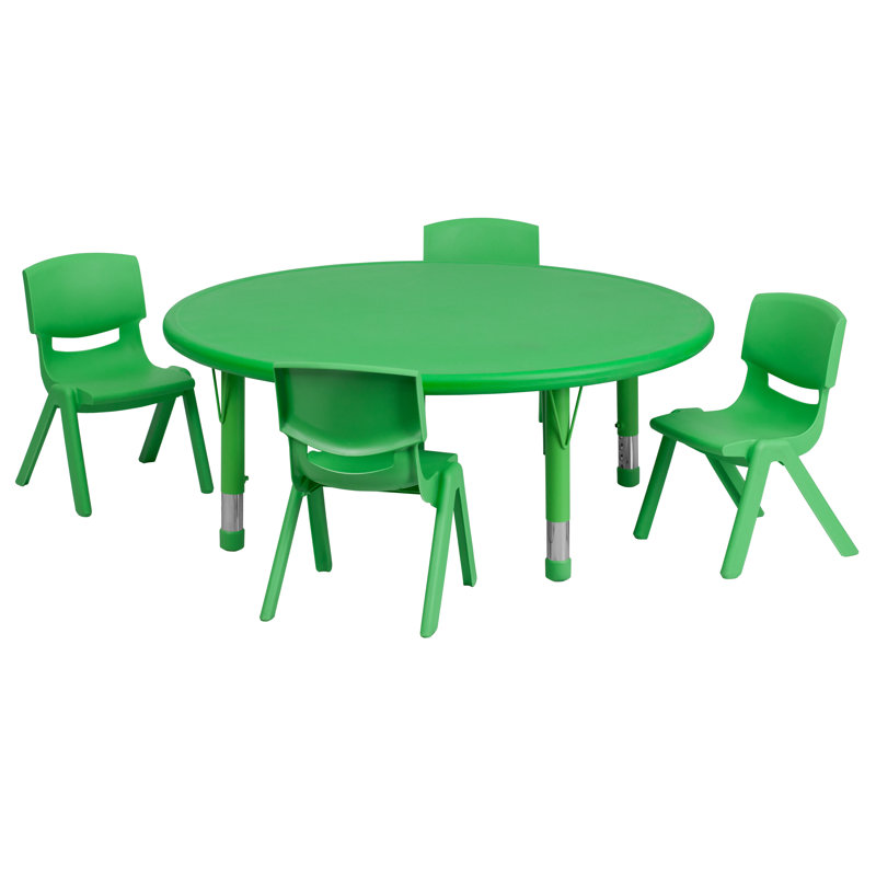 Ensemble de table d'activités ronde en plastique Goddard de 33 pouces, réglable en hauteur, avec 4 chaises, Vert