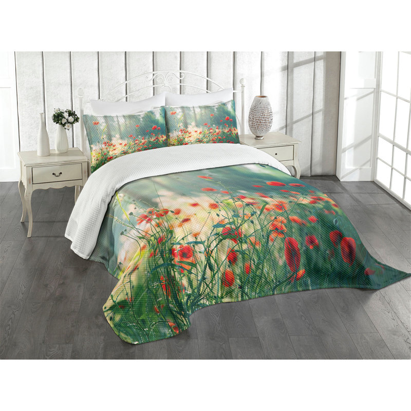 King Size Red Poppy Field Polyester Bedspread Set