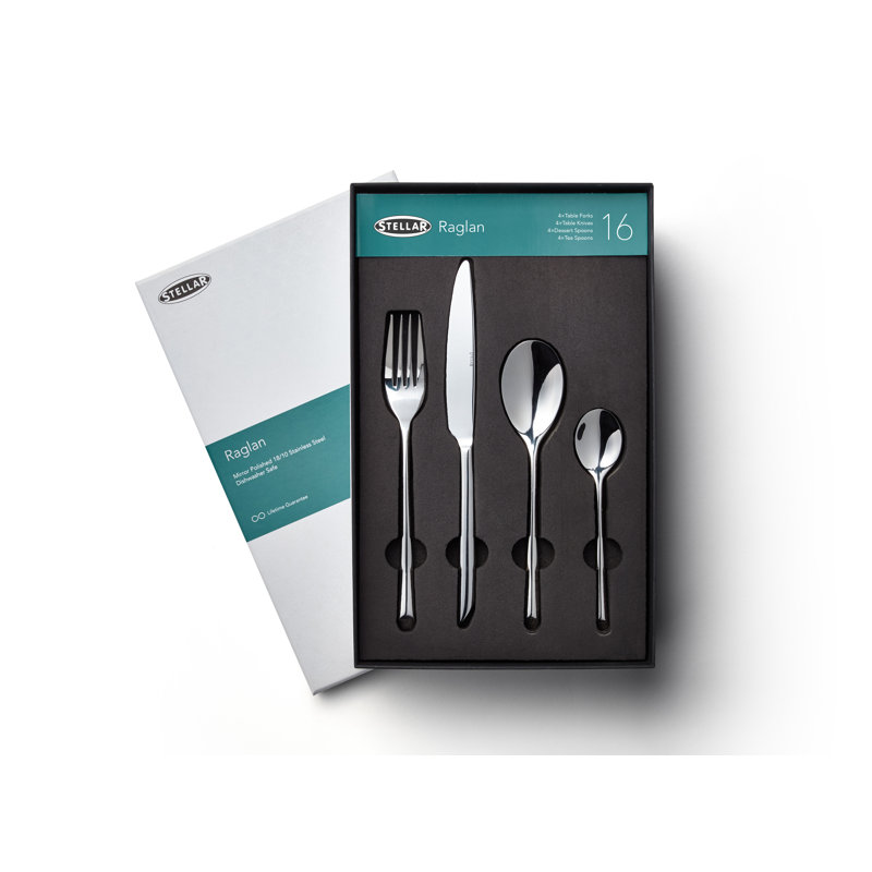 Stellar 16 Piece 18/10 Stainless Steel Cutlery Set. Table Settings for 4, Raglan Design