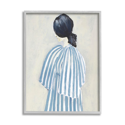 «Girl In Blue Striped Dress», peinture sur bois encadrée