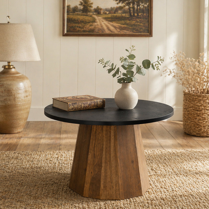Table basse ronde en bois à piédestal robuste pour salon facile à assembler, H 16,73 po x l 23,62 po x P 23,62 po
