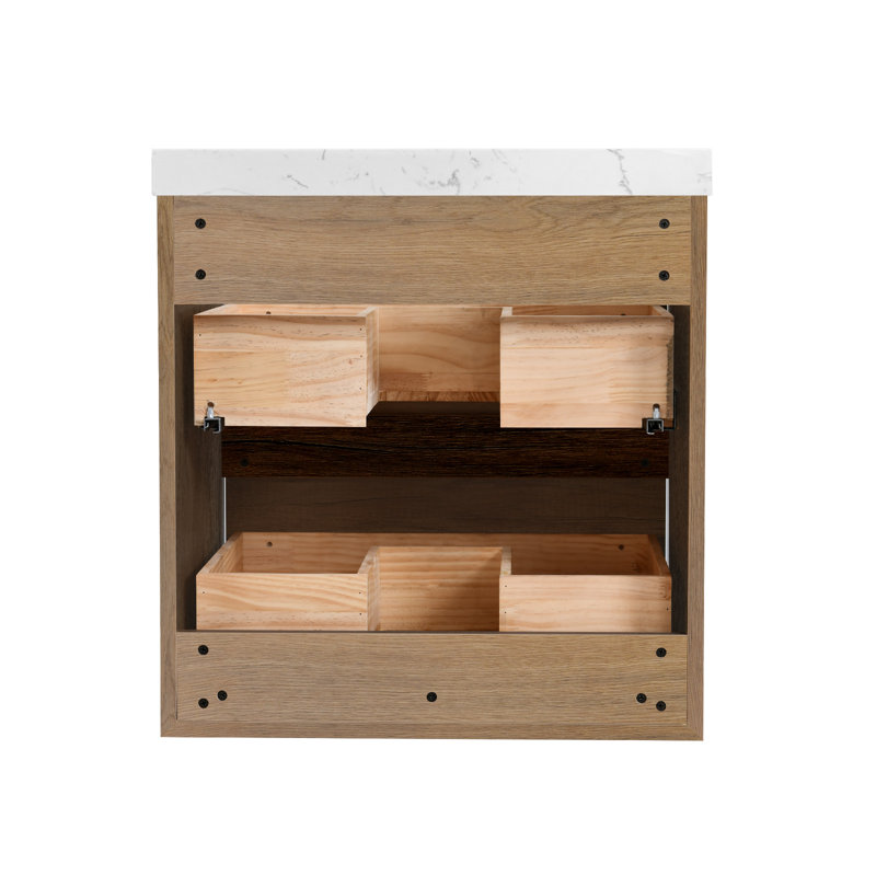 Wall-mounted Bath Vanity With Engineered Marble Top, 24", Natural wood