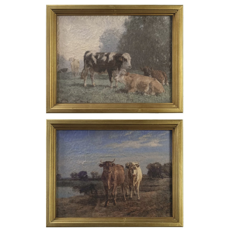 Cow's Grazing Rustic Framed Wall Art - Set of 2