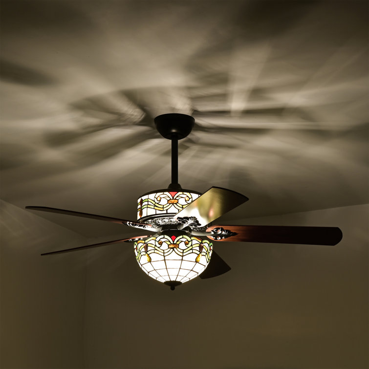 Langdale Tiffany Style Two Tiered Lighted Ceiling Fan Green Shade With Remote Control