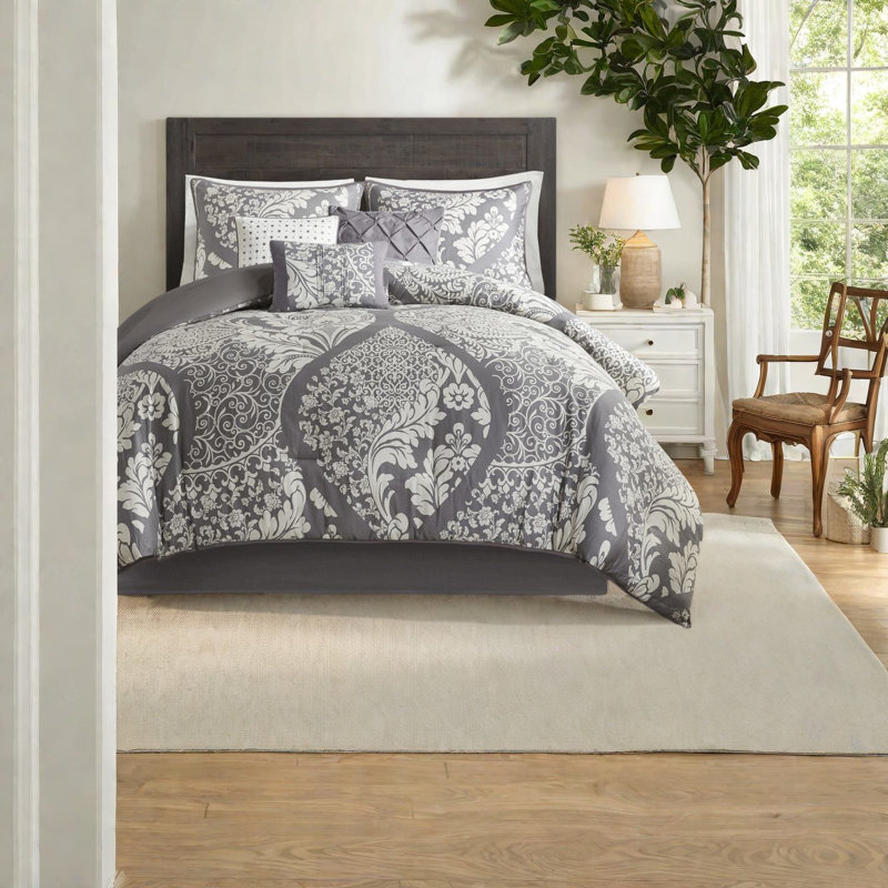 Ensemble d'édredon élégant en coton, motif damassé gris, très grand hypoallergénique