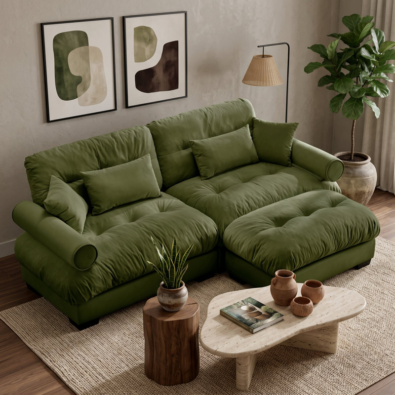 Canapé modulable 2 places en velours vert, avec pouf amovible, coussins de dossier et traversins., 2 Seat+1 Ottoman