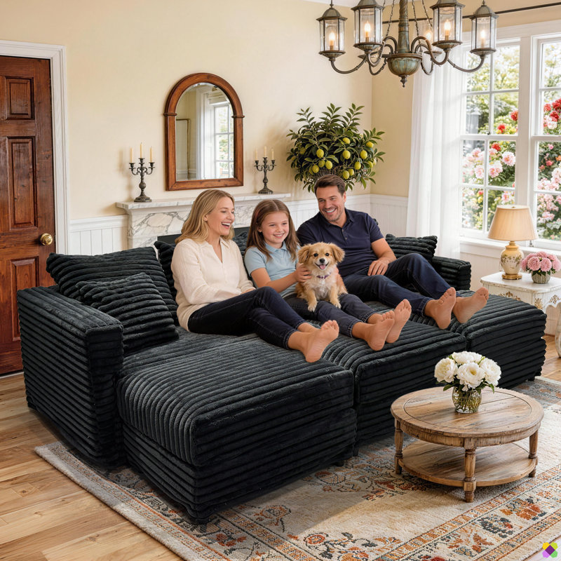Gus 102.4"W/ 70.8"W Modular 7 Seaters Corduroy Sectional, include 3 Ottomans, Black Plush Corduroy Fabric
