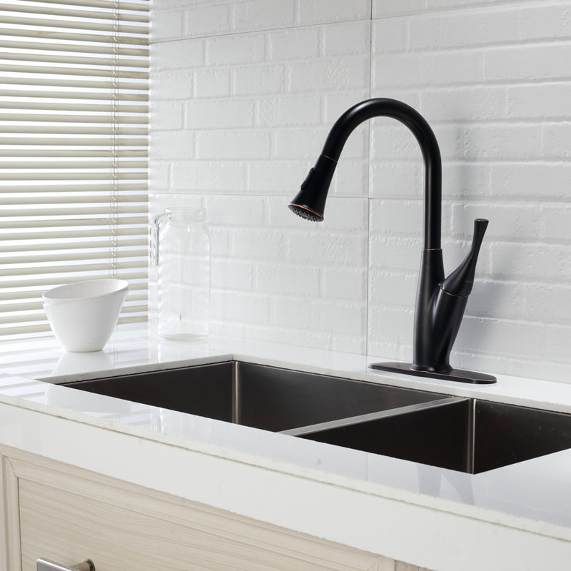 Robinet de cuisine avec finition bronze huilé et extractible, polyvalent pour les types d'évier, surface brossée Life Shine, empreinte digitale, température à poignée simple, bec pivotant à 360 degrés, douchette double