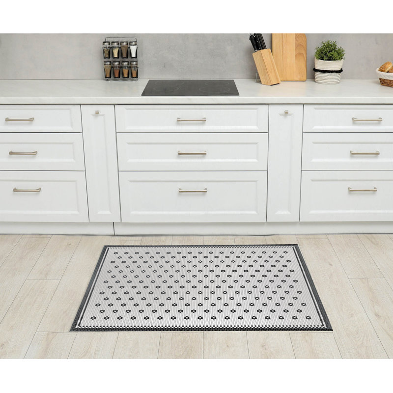 Diano Tile Flower Kitchen Mat, Charcoal, Rectangle 2' x 3'