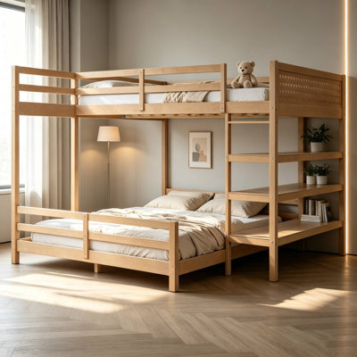 L-Shaped Full Over Queen Wooden Bunk Bed Frame with Built-in Bookcase and Pegboard