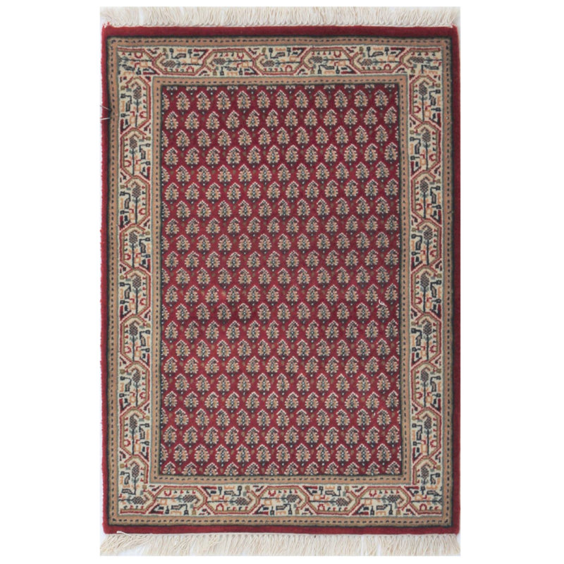 Hand-Knotted High-Quality Red and Beige Area Rug, Rectangle 2' x 3'