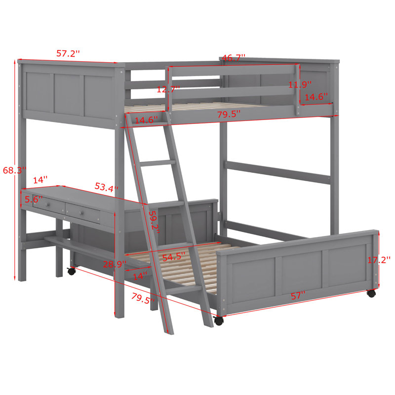 Lit superposé double au-dessus de double avec bureau intégré et tiroirs de rangement, cadre de lit superposé en bois avec garde-corps et échelle