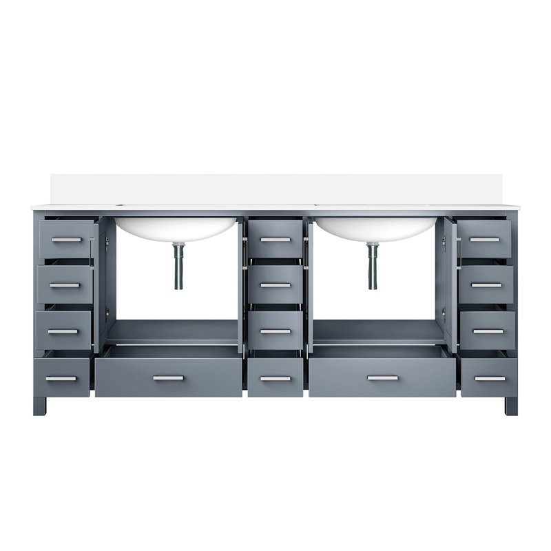 Meuble-lavabo double l 84 po x P 22 po gris foncé avec comptoir en quartz blanc, Gris foncé