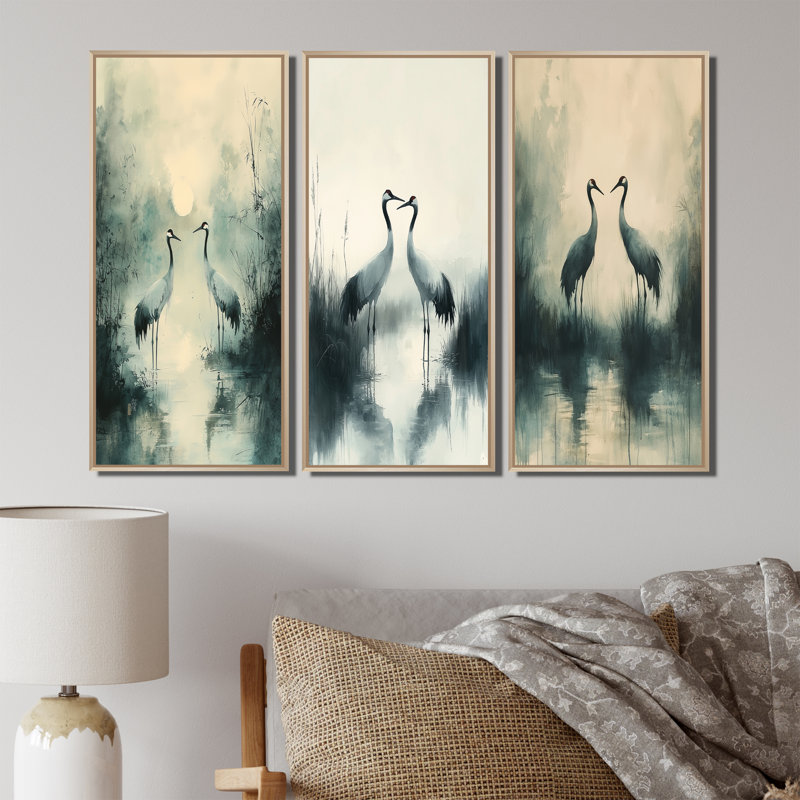 Cranes in the Misty Marsh I - Collection moderne de reproductions sur toile, H 40 po x l 60 po, Impression encadrée flottante