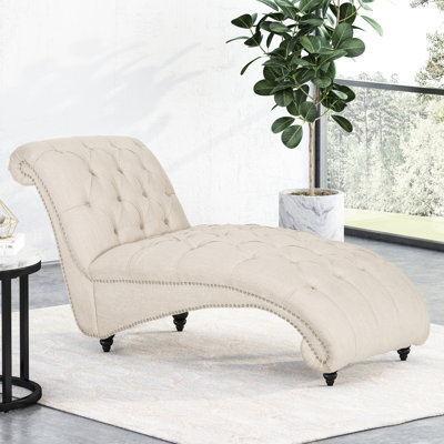Chaise Lounge With Button Tufting, Diamond Stitch, Curvy, Beige, Birch Wood Leg Attribute Curvy Legs, Beige Fabric Upholstery