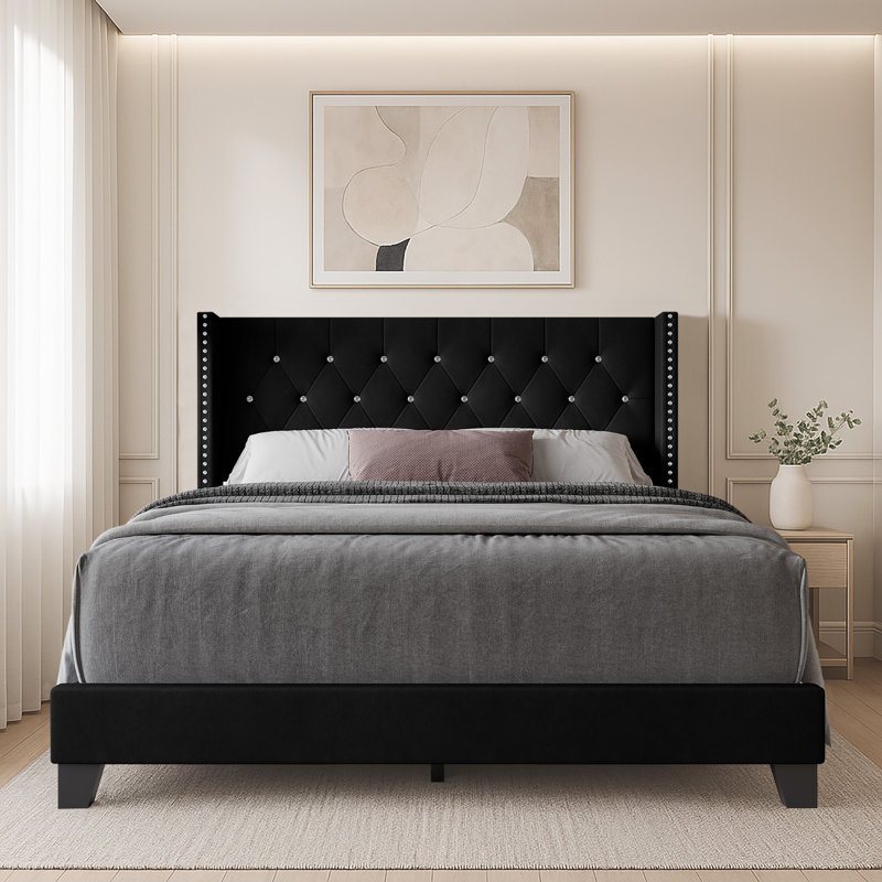 Elinah Twin Tufted Upholstered Wingback Panel Bed, Twin, Black