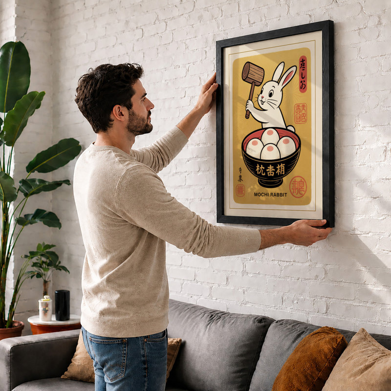 Mochi Rabbit Japandi - Framed Print, Unframed, A4 - 29.7 x 21.0 cm