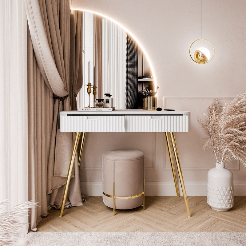 -QS dressing table with LED mirror, White/Gold