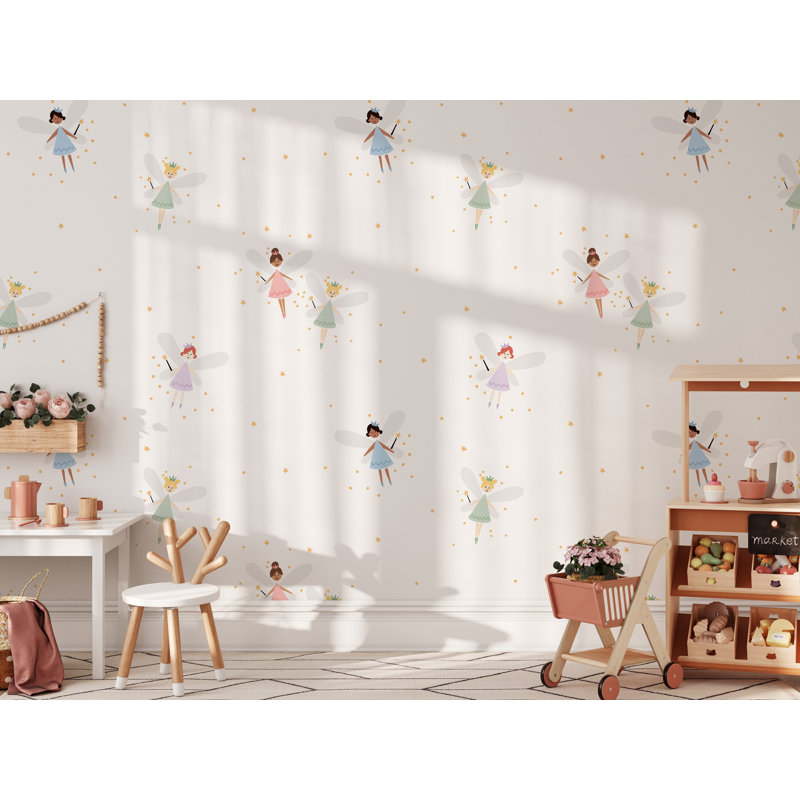 Murale princesse féerique | Papier peint adhésif filles blanches pastel | Décoration murale amovible pour chambre d'enfant