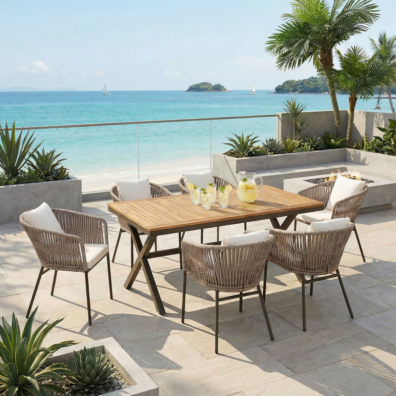 7-Piece All-Weather Patio Dining Set with Acacia Wood Tabletop & Metal Frame for Garden & Backyard