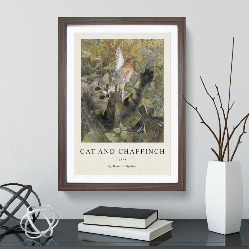 A Cat and a Chaffinch Bird by Bruno Liljefors - Picture Frame Painting, Walnut Framed, 36cm H x 27cm W x 2cm D