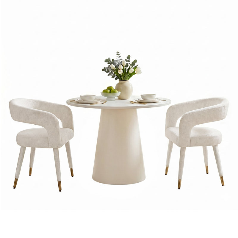 Modern 35" White Round Dining Set For 2 With Chenille Armchairs, Beige