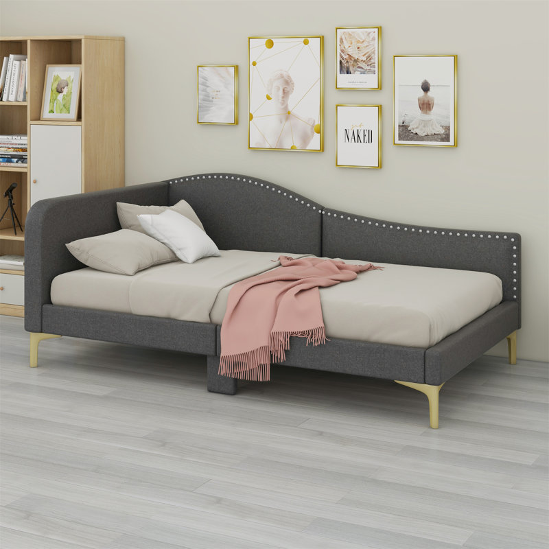 Upholstered Daybed With Headboard And Armrest, Support Legs, Gray