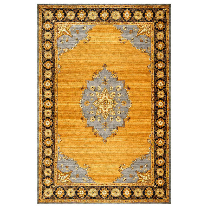 Girvin Yellow Gray Oriental Machine Printed Cotton Polyester Area Rug, Runner 3'4" x 10'6"