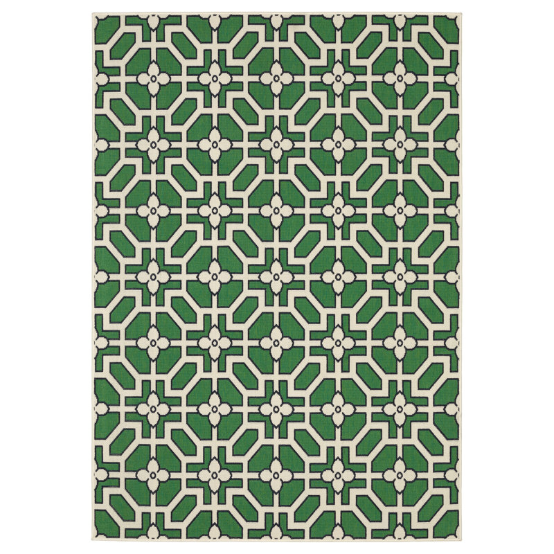 Sherley Geometric Tile Motif Ivory/ Green Indoor-Outdoor Area Rug, Rectangle 7'10" x 10'