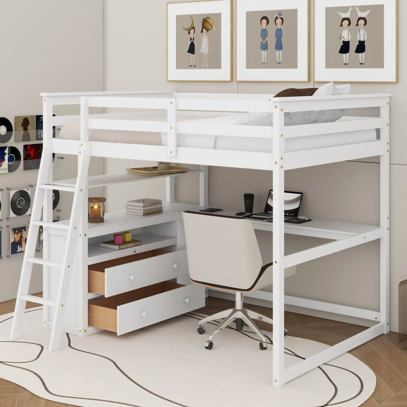 Lit mezzanine double avec bureau et tablettes, deux tiroirs intégrés, Blanc