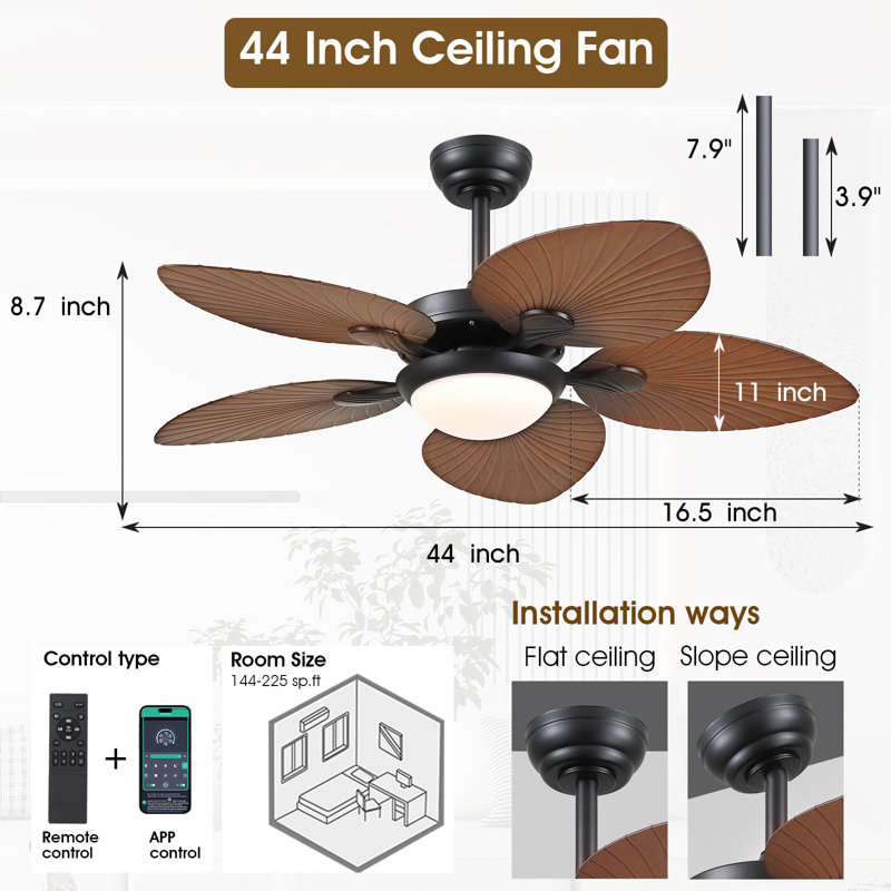 44/52" Palm Tropical 5 Blade Ceiling Fan, 44" Wide, Light Brown