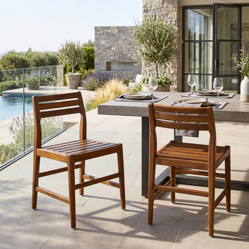 Ensemble de 2 chaises de salle à manger d'intérieur / extérieur en teck brun avec siège et dossier à lattes Blas, Teck brun