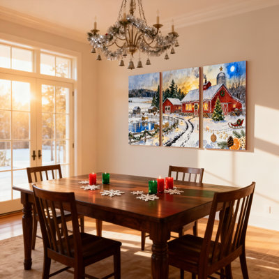 «Christmas Winter Farmhouse Christmas Scene with Red Barn and Snowy Landscape», ensemble de 3 impressions d'art sur toile