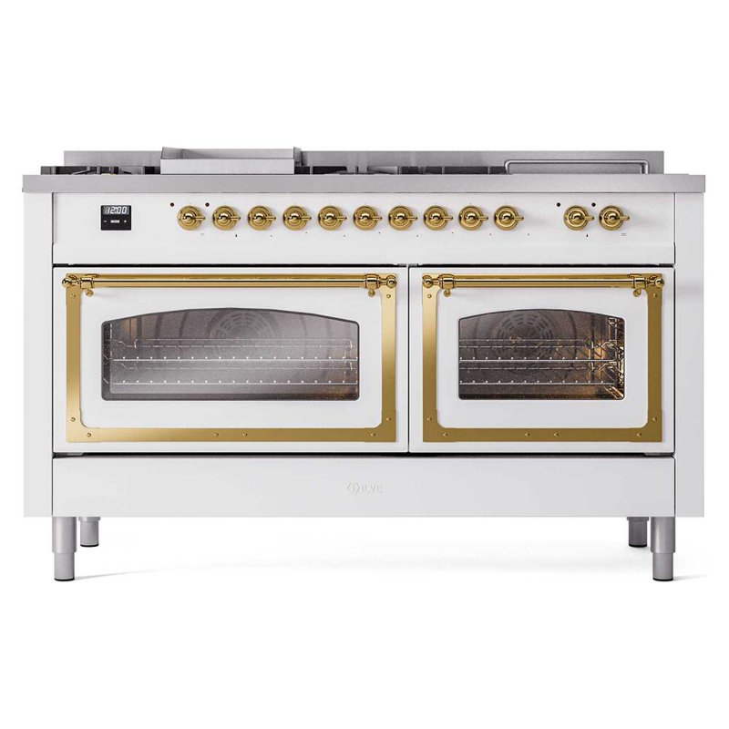 ILVE Nostalgie II Noblesse 60 inch Dual Fuel Range  (7 Sealed Burners + Griddle + French Top, Triple Glass Door, RAL), Brass